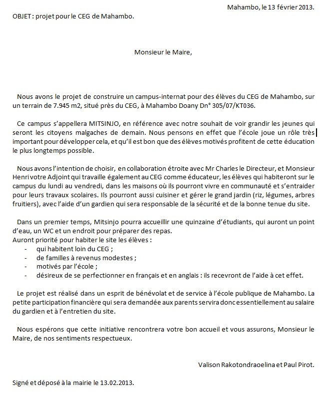 La lette au Maire de Mahambo