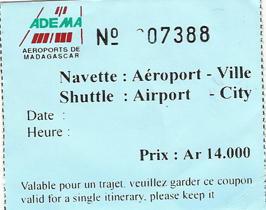 Le ticket pour la navette de Ivato à Tana Ticket navette aéroport